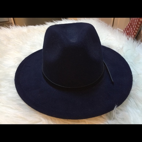 Fedora Accessories - Navy Faux Wool Fedora Felt Hat Wide Brim 57